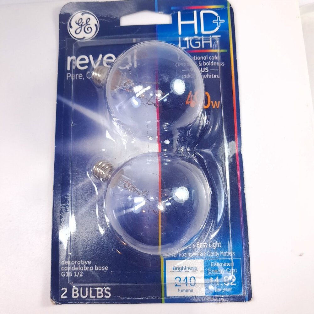 NEW GE HD+ Light Decorative Candelabra Base G16 1/2 Reveal Light Bulbs 40w 48704